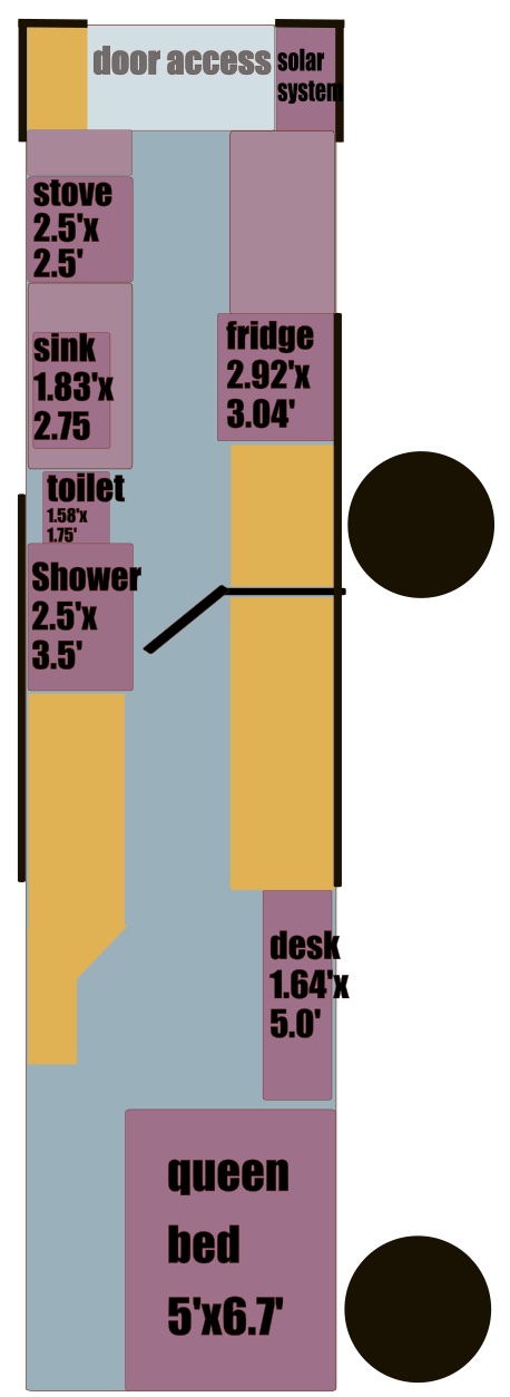 A mockup for the interior of the bus. The circles mark the locations of the wheel hub bumps. Yellow designates storage space